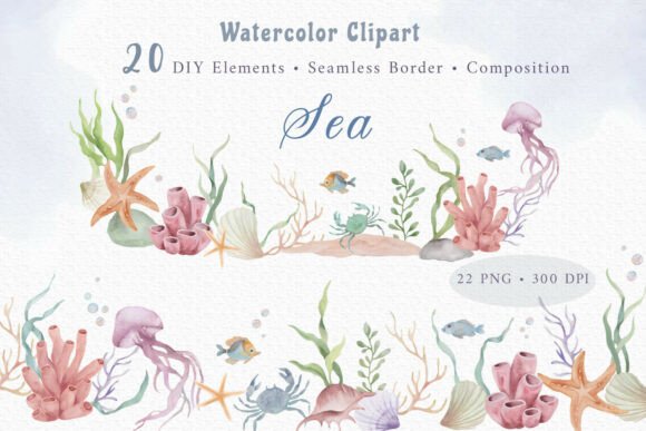 Download Painted Watercolor Sea Life Clipart Set - Sea life Collection