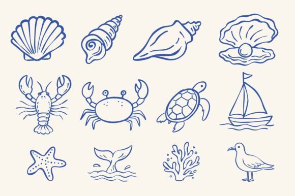 Download Hand Drawn Sea Life Doodle Set Design - Sea life Collection